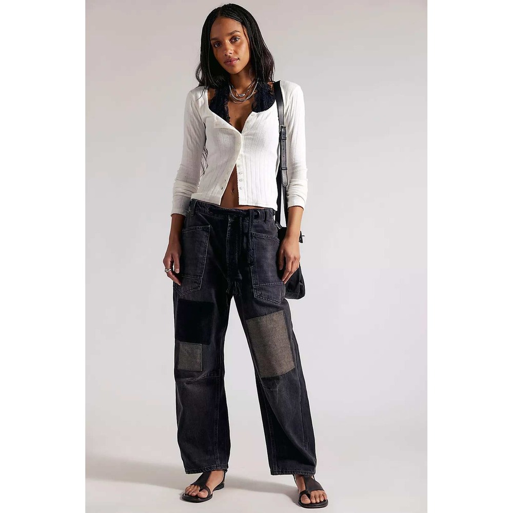 Free People We the Free Moxie Pull on Barrel Jeans 32L Tall Black Patchwork